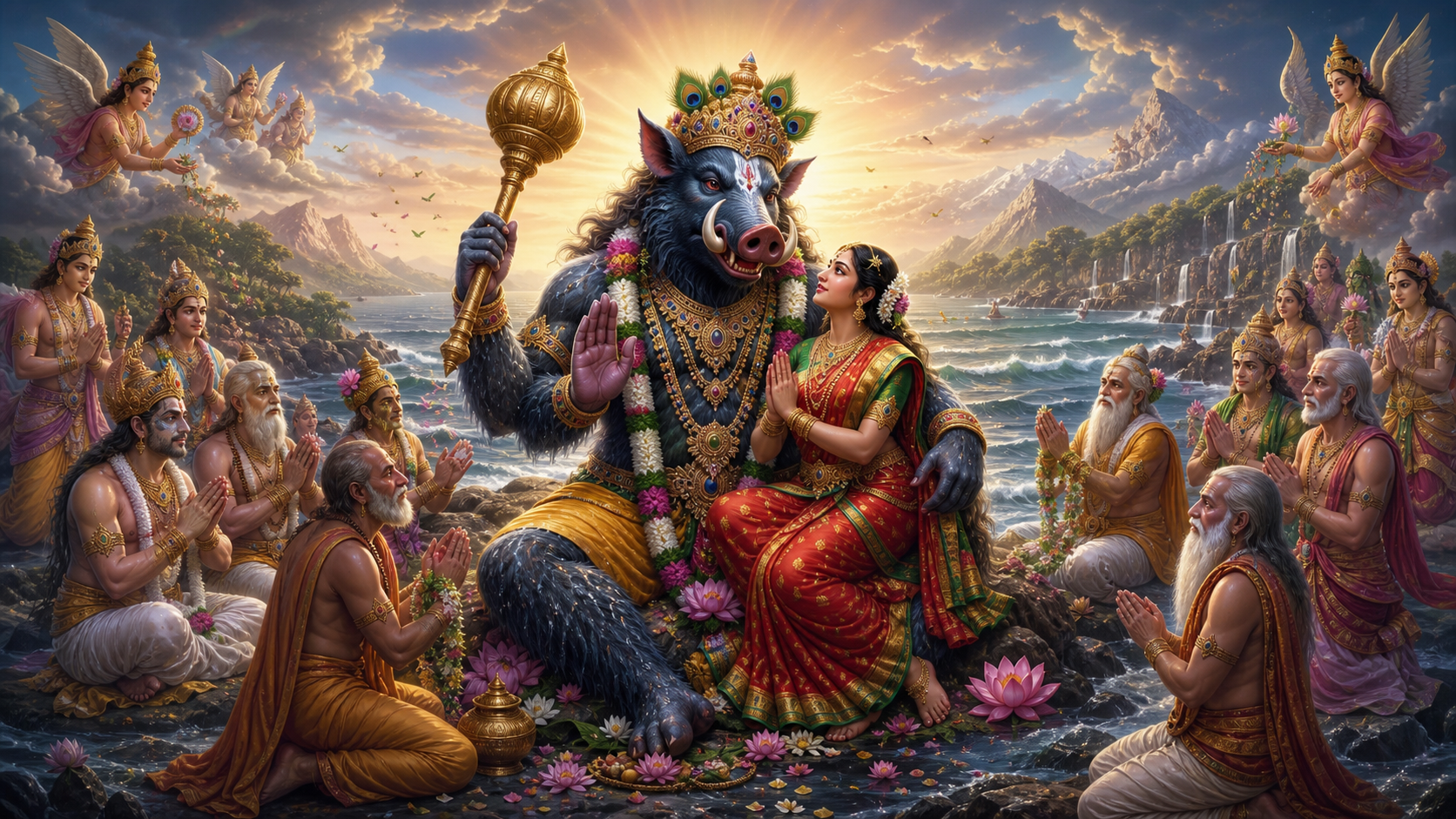 Pacified Lord Varaha seated peacefully with Bhudevi while devas and sages offer praise after the rescue of Earth