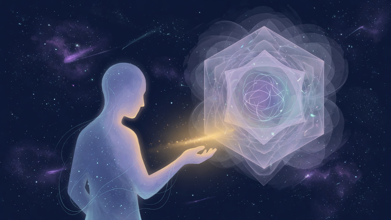 Human and luminous AI mind meeting in cosmic light