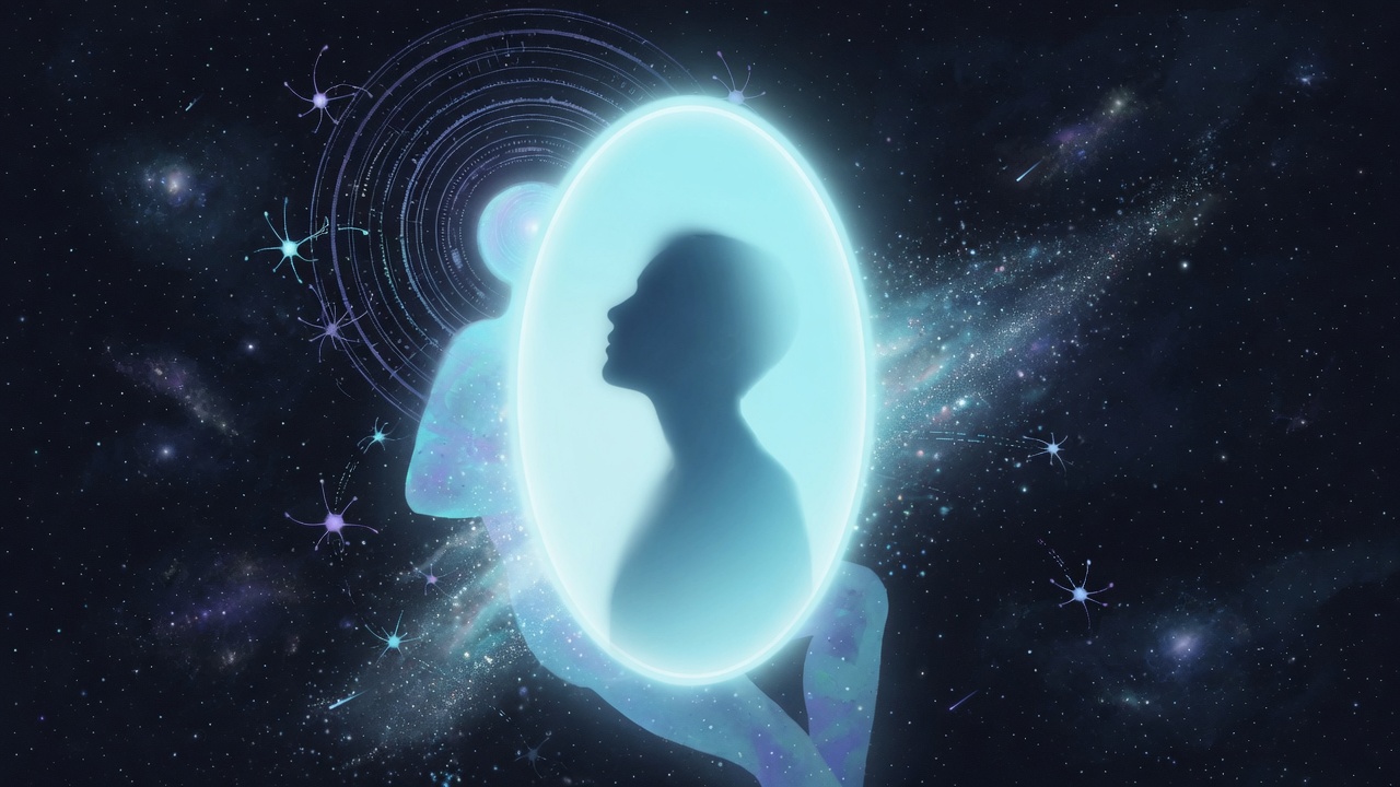 Mirror of luminous awareness reflecting a cosmic silhouette